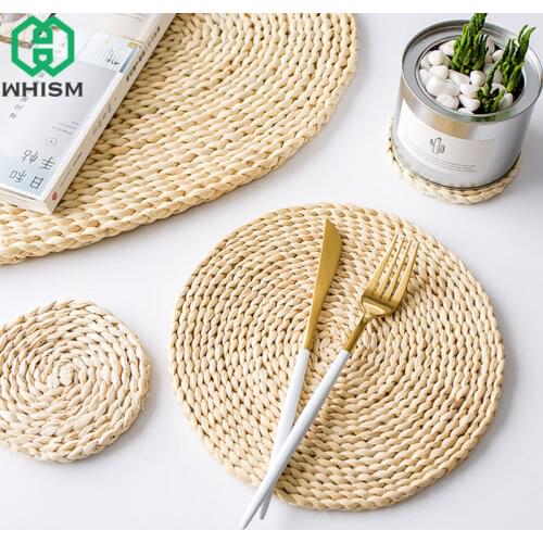 Hand-Woven Placemats Round Straw Dining Table Mats WHISM Heat Insulation Pot Holder Cup Coasters Kitchen Restaurant Accessories