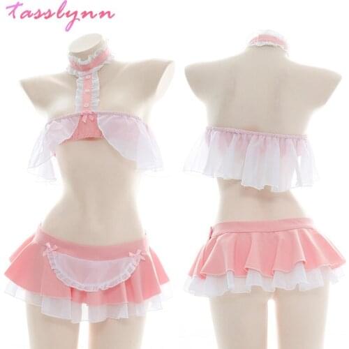 Pink Lace Bra Set Design for Women Maid Cosplay Slimming Sleepwear Cute Open Crotch G-string Doggy Sexy Halloween Customes