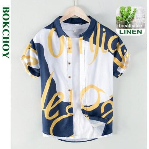 2021 Summer and Spring New Men Cotton and Linen Color-blocking Shirt Casual Beach Letter Printing Short-sleeved Workwear GC-L879