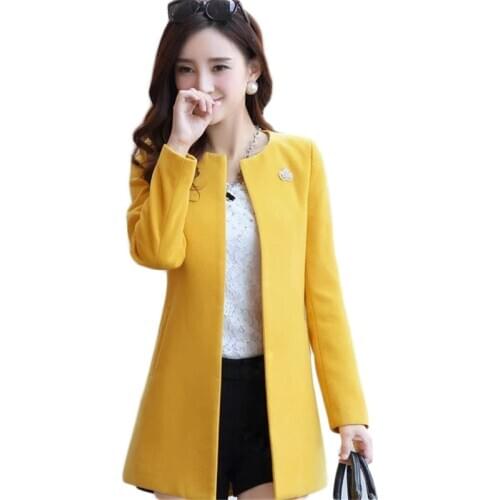 Woolen Coat Women Yellow Plus Size 2020 Autumn Winter New Korean Slim Rose Red Pink Green Long Sleeve Wool Coats Feminina sf062