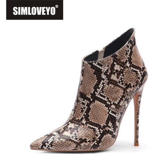 SIMLOVEYO 2021 New Western boots Woman snakeprint thin high heels ankle boots winter bootie work shoes zipper big size 45 B1397