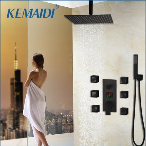 KEMAIDI Bath Shower Faucet Black Temperature Digital Display Shower Sets Body Massage System Jets Tower Shower Column Faucet