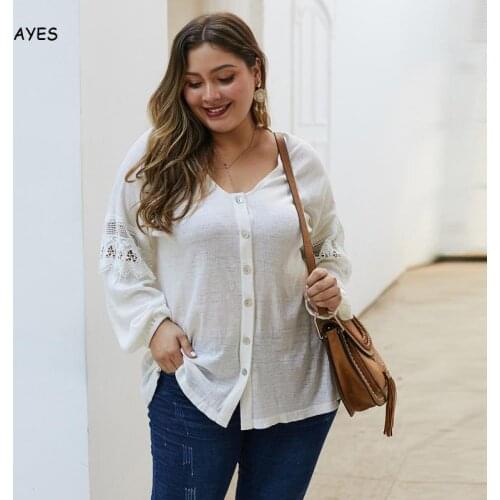 Spring 2020 Sweaters Women Thin Sweater Lace Hollow Out Casual Knitwear Tops Lady Long Lantern Sleeve Solid Knitshirts Button Up