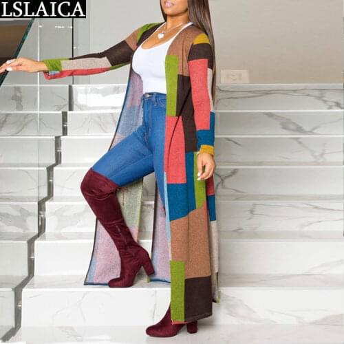 Jacket Women Patchwork Print Long Sleeve Cardigan Long Coat Fashion Autumn Winter Retro Clothes Casual Dropshipping Streetwear
