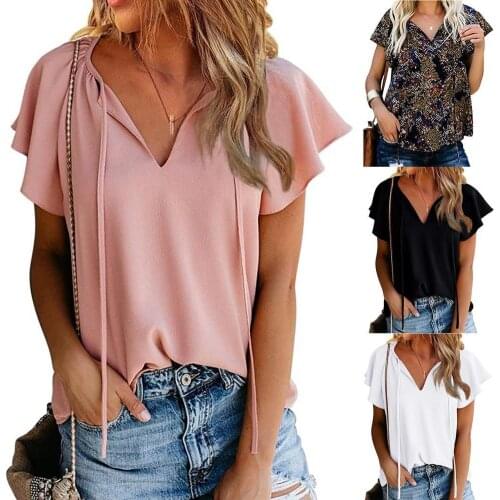 2021 Summer T Shirt Women Fashion Ruffled Solid Color Short Sleeve Tops Casual Printing V Neck Cotton Blend T Shirt Ladies