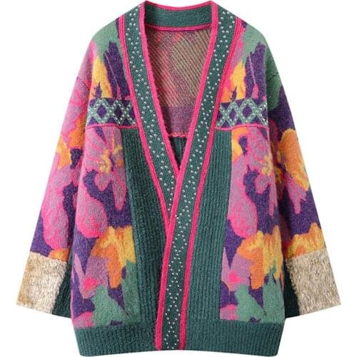 Long-sleeved Ethnic Jacquard Knitted Jacket Womens Autumn And Winter 2021 New Loose Casual Cardigan