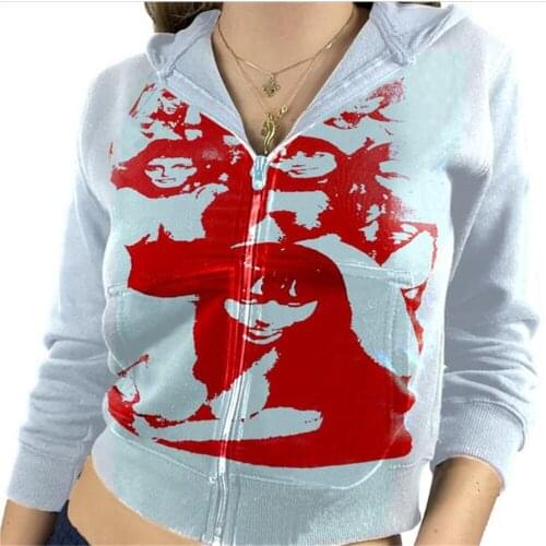 2021 Fashion Europe USA Style Outerwear Women/Girl Retro Head Portrait Print Long Sleeve Vintage Slim Zipper Hooded Sweatshirts