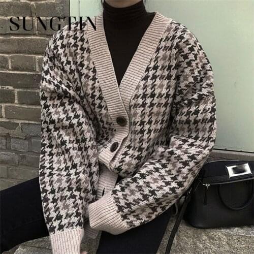 Sungtin Oversized Houndstooth Knitted Cardigan Women Loose V Neck Vintage Loose Sweater Coats Casual Jumper Outwear Korean Chic