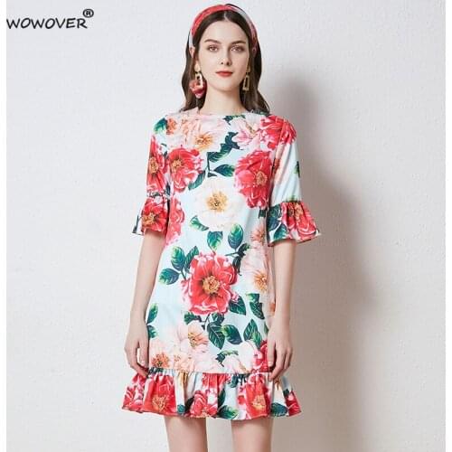 2021 New Summer Fashion Flare Sleeve Floral Print Sicily Runway Dress Women Elegant Ruffles Loose Robe Holiday Beach Vestidos