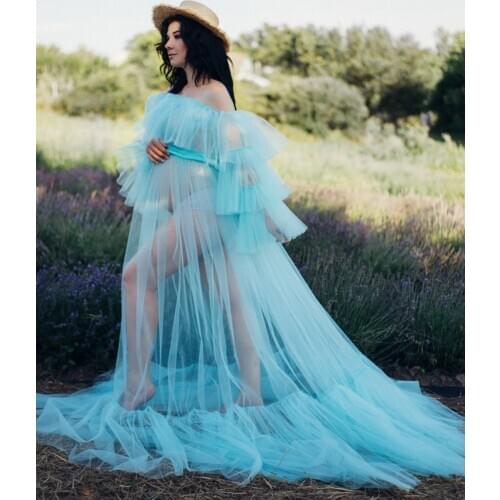 Sky Blue Long See Through Photoshoot Tulle Robes Elegant Off Shoulder Women Tulle Materinity Robe With Ribon Trim Custom Made