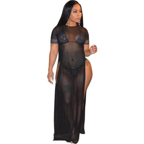 S-XXL Womens Sexy See Through Long Sleeve Slit Club Bodycon Maxi Dress Beach Dress