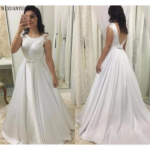 Simple Satin Wedding Dress Scoop Cap Sleeves Floor Length Backless Wedding Gown Sash Bow White Ivory Plus Size Vestido De Noiva