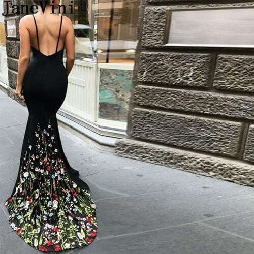JaneVini 2019 Saudi Arabia Evening Dresses Long Floral Lace Embroidery Mermaid Black Vintage Party Formal Gowns sukienki dlugie