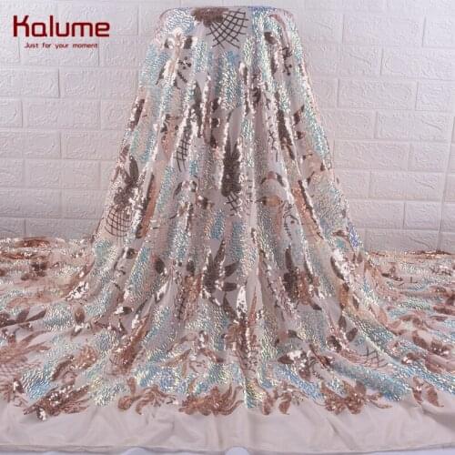 Kalume Gold French Mesh Lace Fabric Embroidery African Lace Fabric With Sequins Soft Nigerian Tulle Lace For Party Dress F1889
