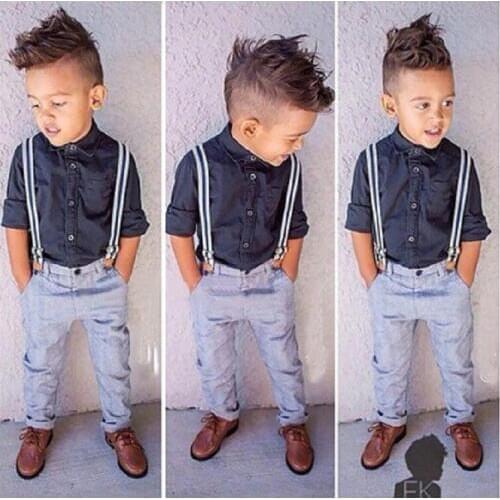2018 boy party clothes set / Navy blouse + jeans pants + Suspender
