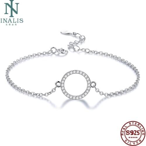 INALIS Genuine 925 Sterling Silver Bracelet For Women 5A Clear Cubic Zirconia Round Circle Charm Bracelets Wedding Fine Jewelry