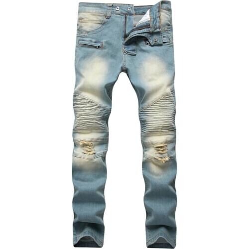 2021 New Fashion Destroyed Biker Jeans Mens Ripped Distressed Straight Skinny Jeans Bleached Denim Pants Scratch Long Trousers