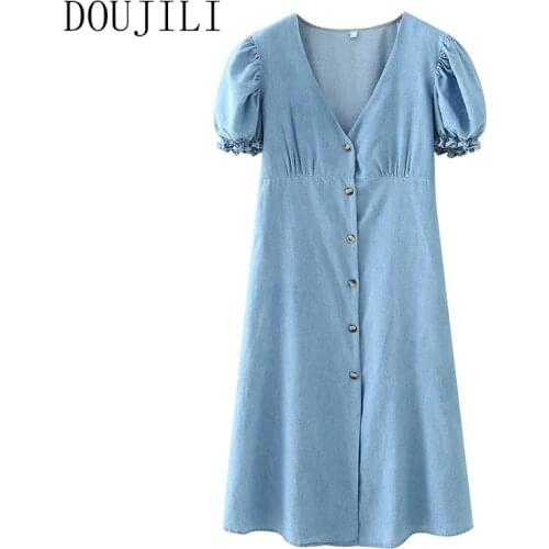 DOUJILI Women Blue Denim Dress Short Sleeve Buttons Midi Skirt Puff V Neck Office Ladies Elegant Dress