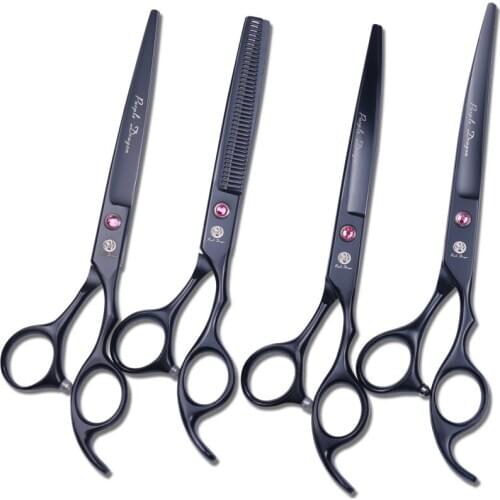 Purple Dragon Brand 7 Inch Black Pet Grooming Scissors Set Professional 4pcs Shears/Set with Bag Grooming Tool for Dog and Cat