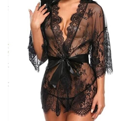 Robe Transparent Strappy Womens Lace Kimono Babydoll Lingerie Mesh Eyelash M-3XL Lounge Femme pajima