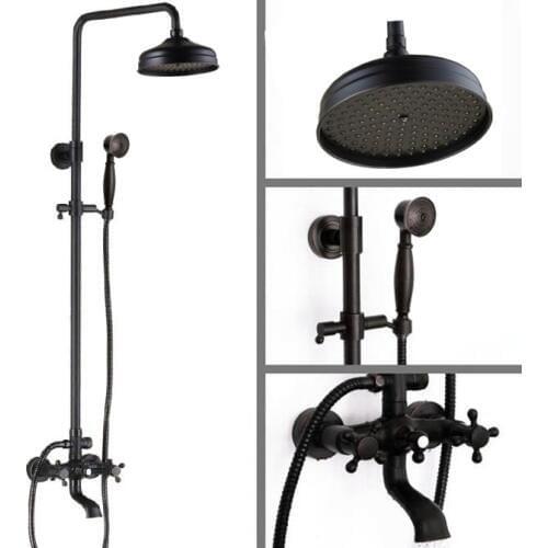 Black Oil Rubbed Brass Dual Cross Handles Bathroom 8 Inch Round Rain Shower Faucet Set Bath Tub Mixer Tap Hand Shower mrs021