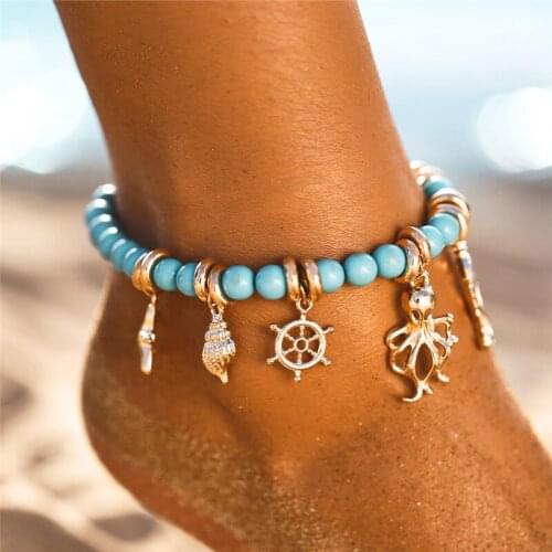 LIMARIO New Octopus Conch Rope Anklets For Women Foot Jewelry Summer Beach Barefoot Beaded Bracelet Ankle on Leg For Women 2021