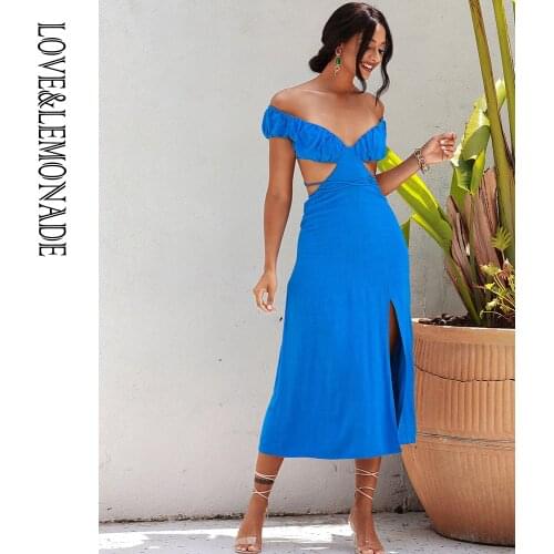 LOVE&LEMONADE Sexy Sky Blue V-Neck Drop Shoulder Cut -Out A-Line Split Summer Beach Midi Dress WD02565