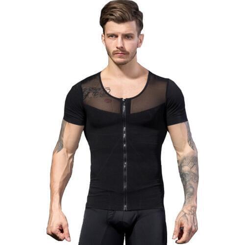 Men Shapers Posture Corrector Vest Belly Abdomen Fat Burn Compression Slimming Tummy Bodybuilding Zipper Design Tshirt Corsets