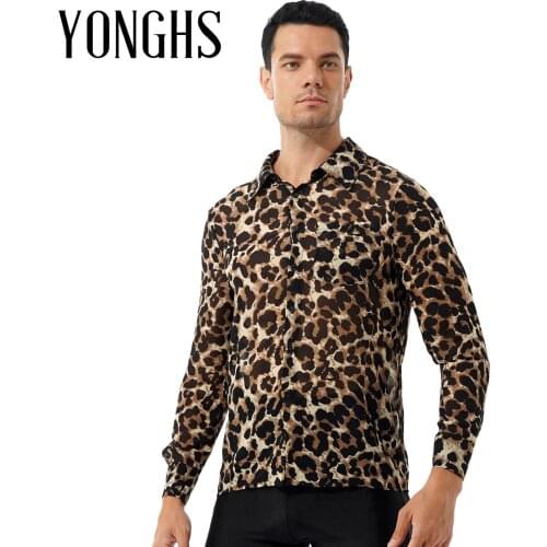 Mens Fashion Leopard Print Button Shirt with Chest Pocket See-through Chiffon Tops Turn-down Collar Long Sleeve Party Nightclub