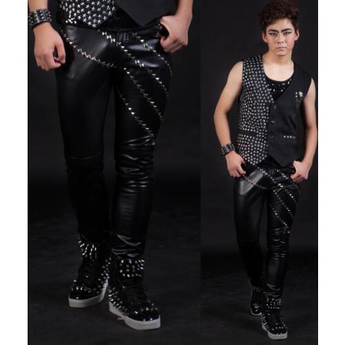 Stage personality high quality men motorcycle leather pants rivet pant men feet trousers singer dance rock fashion black