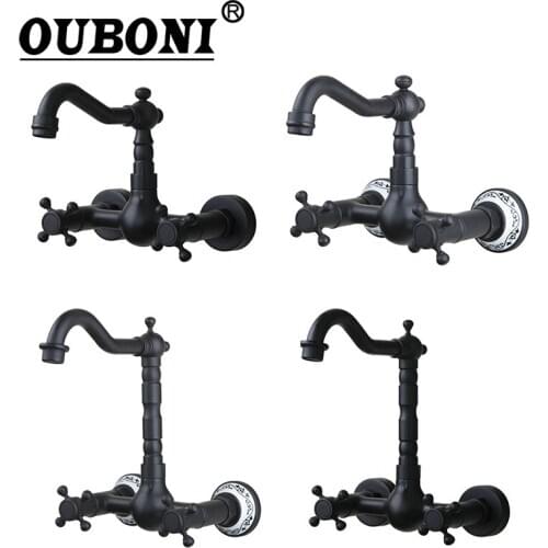 OUBONI Wall Mounted Oil Rubbed Black Bronze Bathroom Faucet Rotated Bathtub Basin Sink Faucet Mixers &Taps Doubel Handles