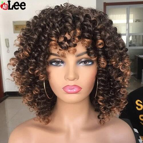 Blonde Cherry Red Afro Kinky Curly Wig With Bangs Scalp Top Full Machine Made Wig Ombre Peruvian Remy Human Hair Curly Wig