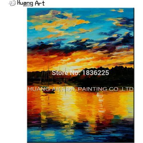 Scenery Painting Handmade Sea and Boat Sunset Landscape Oil Painting on Canvas for Home Decor Modern Knife Oil Picture