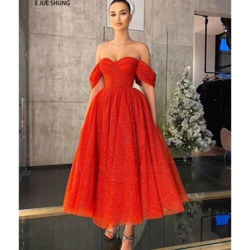 E JUE SHUNG Shiny Fabrics Luxury Red Wedding Dresses Off The Shoulder Lace Up back Tea Length Bridal Gowns robe de mariee