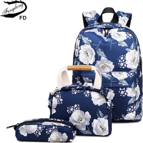 Fengdong 3pcs/set floral school backpack for girls cute flower handbag set student pencil bag children school bags kids backpack