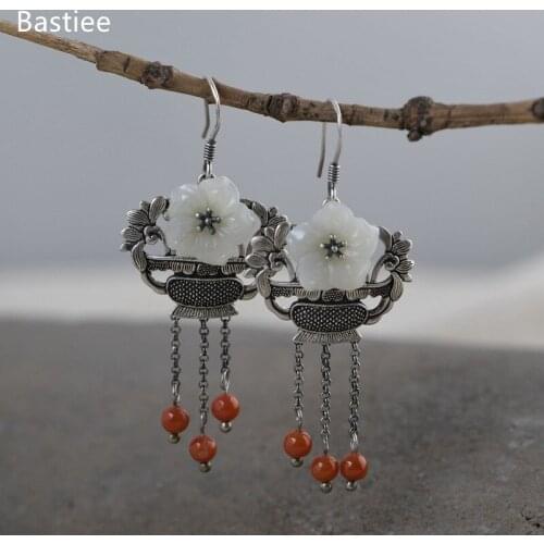 Bastiee Earrings For Women Vintage Silver 925 Jewelry Korean Earrings Red Agate Dangle Earrings Silver Earrings