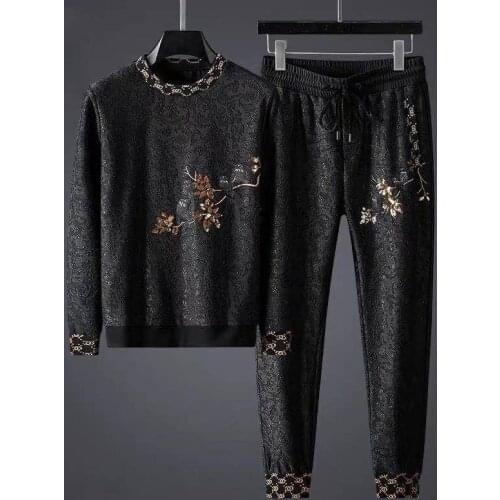 Light luxury high-end autumn and winter dark jacquard casual suit mens trend Korean sports with mens two-piece handsome