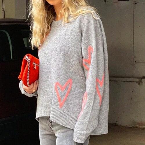 Heart Embroidery Sweater Wool Long Sleeve Loose Round Neckline Warm Winter Hollow Out Letter Pullover Retro Knitwear Pull Maille