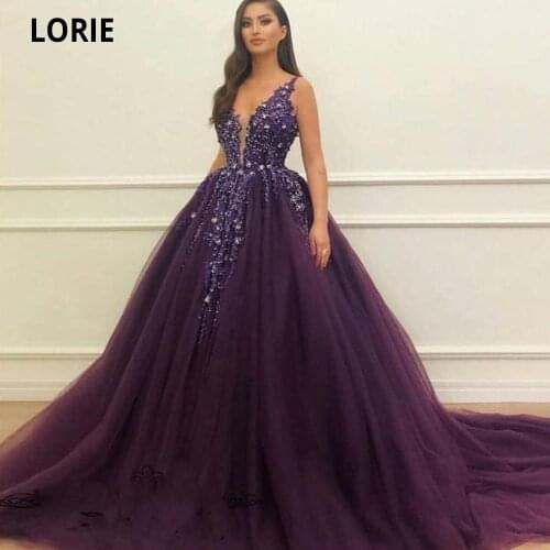 LORIE Dark Purple Ball Gown Prom Dresses Princess Evening Gowns Tulle Deep V-Neck Sequins Sweep Train Special occasion Gowns