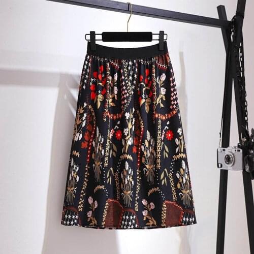 150Kg Plus size womens spring summer retro printed a-line skirt 5XL 6XL 7XL 8XL 9XL loose high waist skirt black