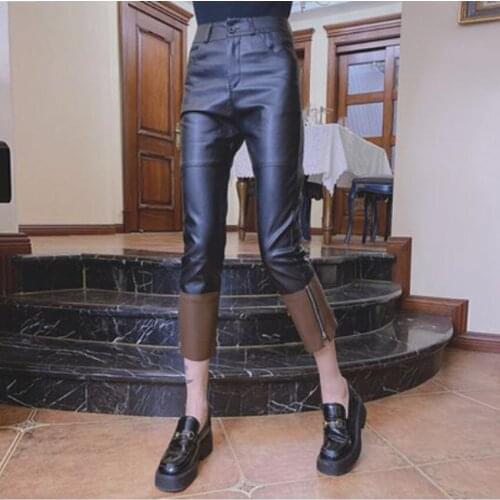 Leather pants women 2021 new autumn high waist PU leather fashion stitching ankle length straight trousers