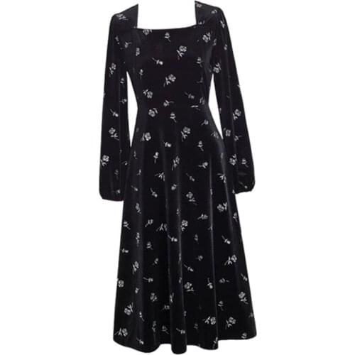 Women autumn Square Collar Long Sleeve dress High Waist Velvet printed A-line Vintage Royal Style Dress