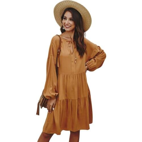 Womens Long Sleeve Dress V-neck Collar Drawstring Design High Waist Loose Flowy Swing Dresses for Spring d88