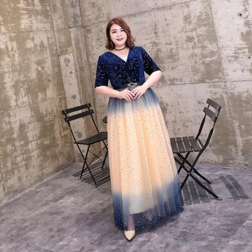 Women Evening Plus Size Dresses V-Neck Natural Half Sleeves Regular Lace Up Party Dresse Sequins Embroidery Formal Dress D027