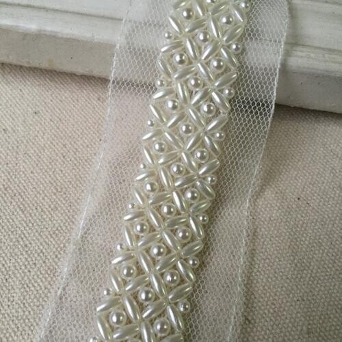 1.2" ivory white beaded trim, wedding gown lace trim, headbands, garment accessories, crafts