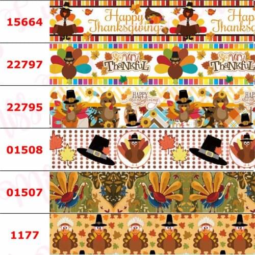 16mm-75mm Happy Thanksgiving Day Turkey Printed Grosgrain/Elastic Ribbon Cartoon Geometric Dots DIY Hair Bowknots 50yards/roll
