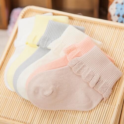 2020 Four Seasons Baby Princess Socks Girl Lace Children Double Needle Combed Cotton 0-3Years Solid Yellow Beige Gray 3PAIR
