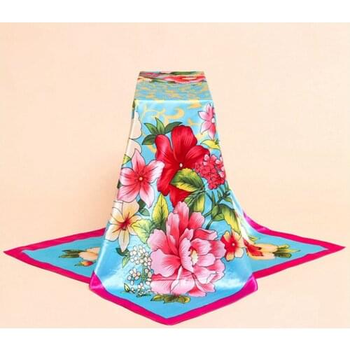 AMYO 90CM Square Silk Scarf for Women Hair Band Chinese Floral Printed Shawl Wrap Spring Summer Neckerchife Lady Winter Scarves