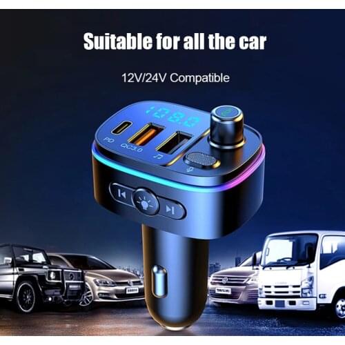 Car FM Transmitter Bluetooth 5.0 Handsfree Mp3 Player Colorful Light Accessories with PD Type C QC3.0 USB Fast Charging Port