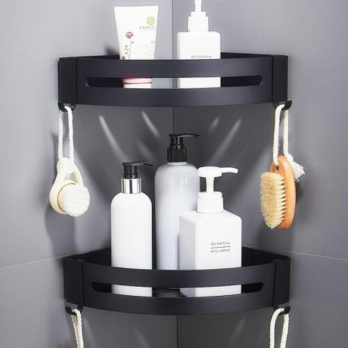 Shinesia Black Aluminum BathroomStorage Holder Shelf Shower Shelf Bath Shampoo Holder No Punching Kitchen Shelf Wall Hanger Rack